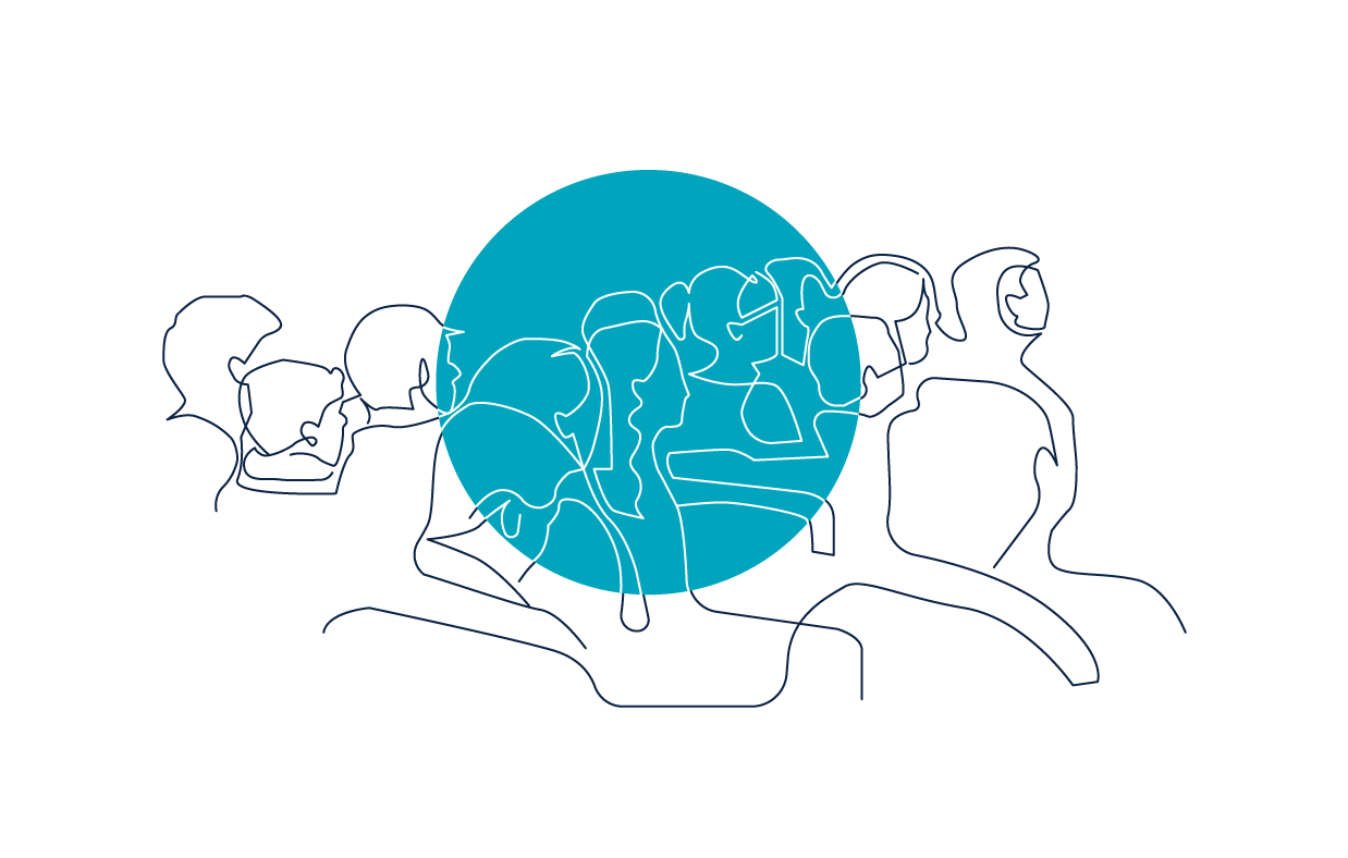 Line drawing a group sitting in chairs, back to image with teal blue circle highlighting the centre of the illustration